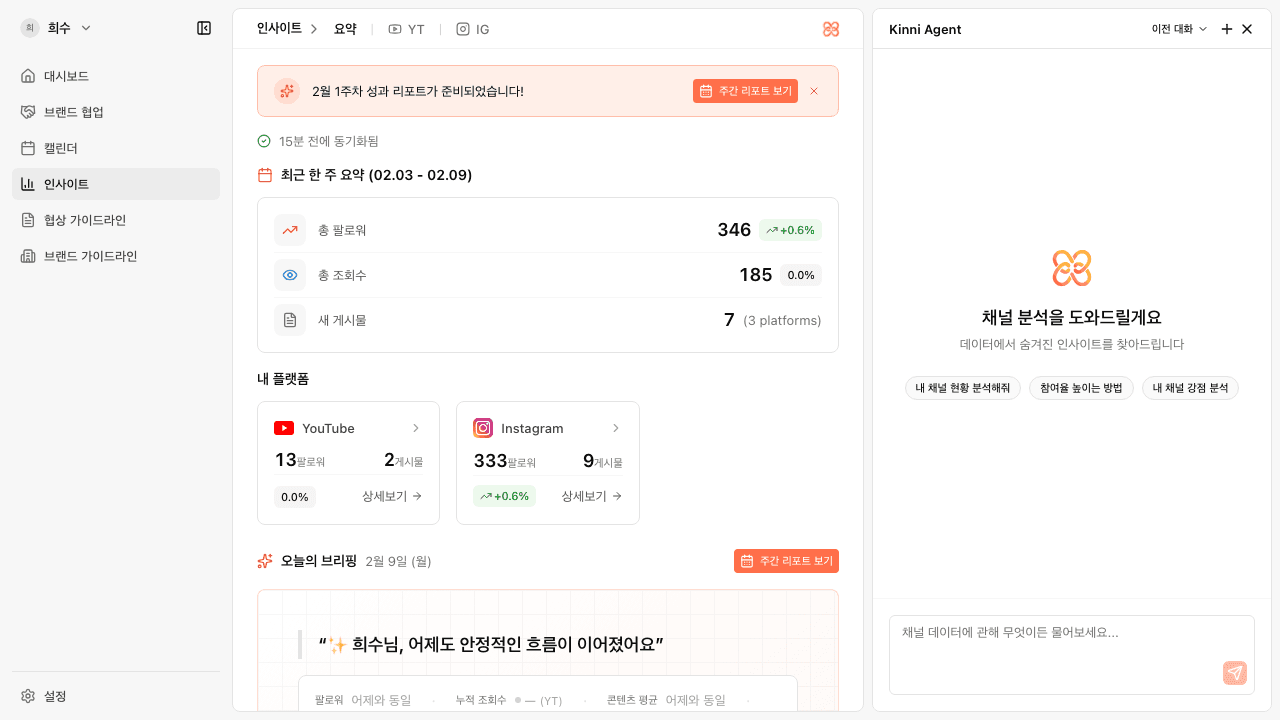 인사이트 대시보드 - 채널 성장 추이, AI 브리핑, 콘텐츠 성과 분석